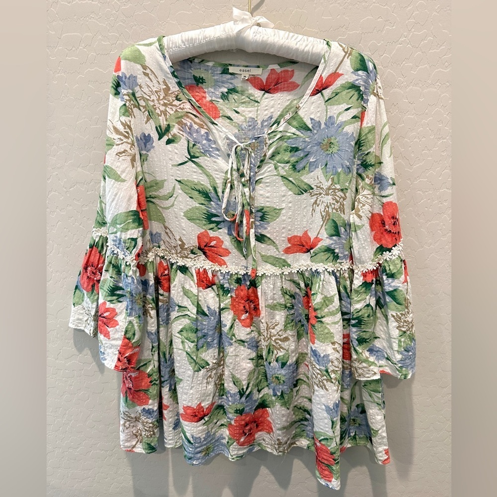 Easel White Floral Linen Blend Boho Peasant Blouse